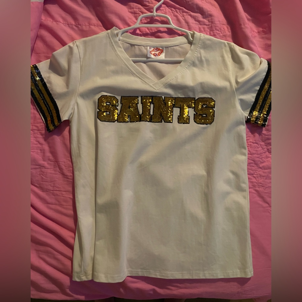 XL White Tee with Gold Sequin 'Saints' Design